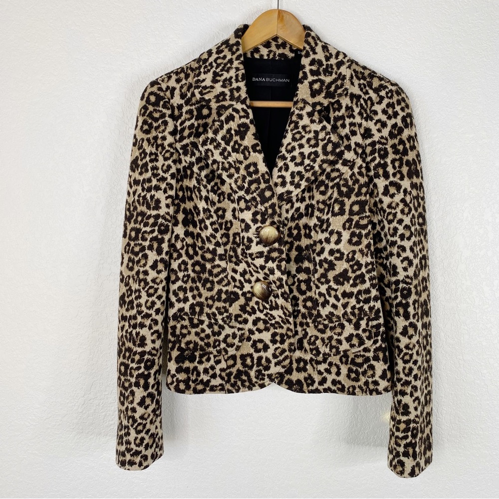 Dana Buchman Brown Leopard Knit Wool Blend Blazer Jacket